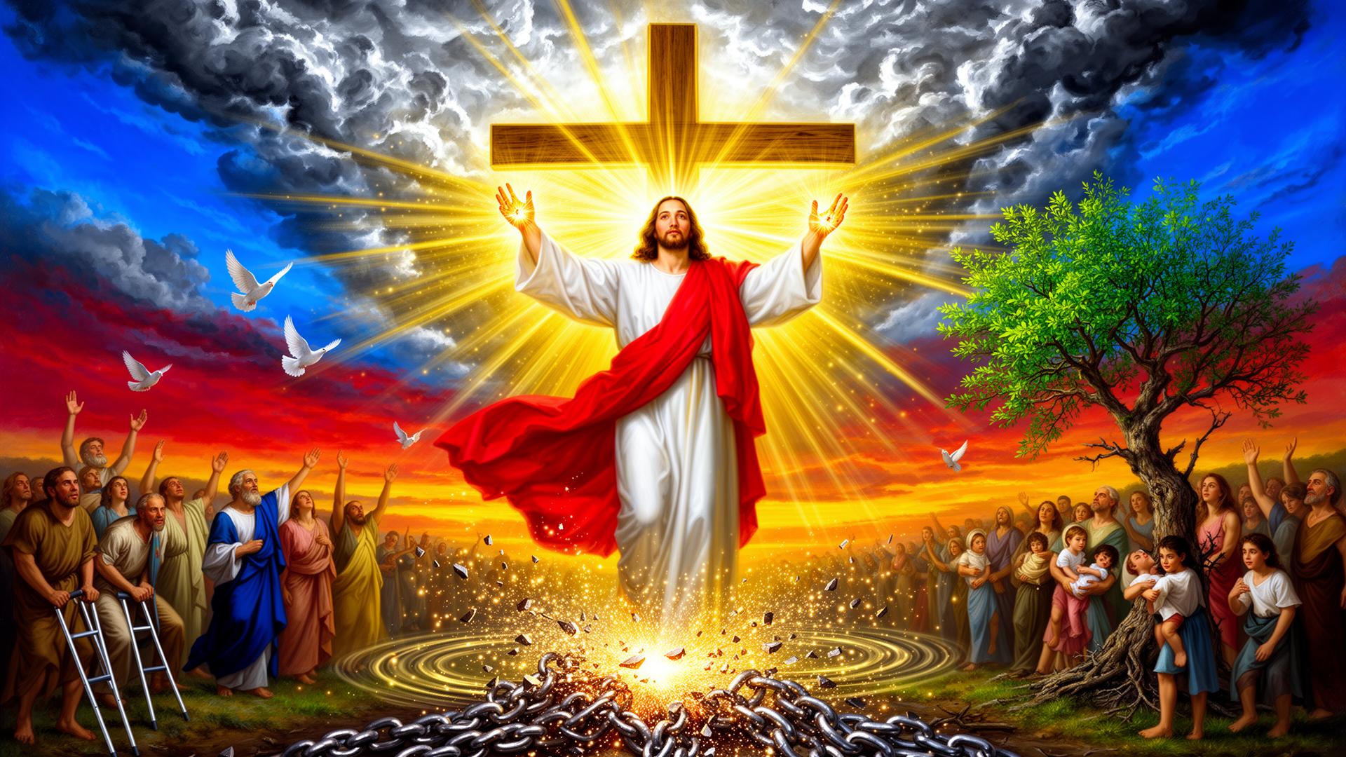 Jesus at the cross with shattered chains and the healed rising in worship